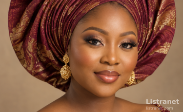 AI-generated burgundy and gold fan gele styling example