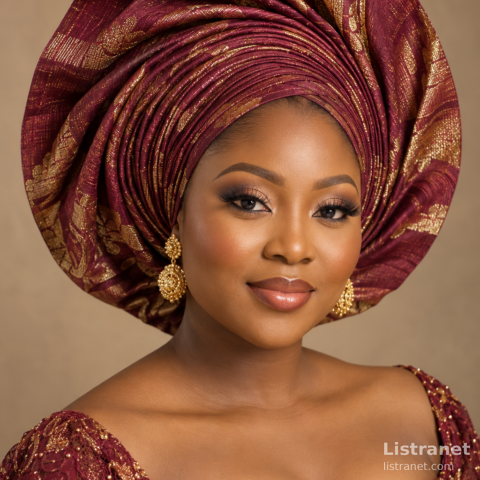AI-generated burgundy and gold fan gele styling example