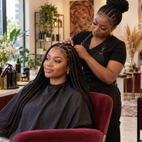 AI-generated box braids styling in a Calgary-inspired studio